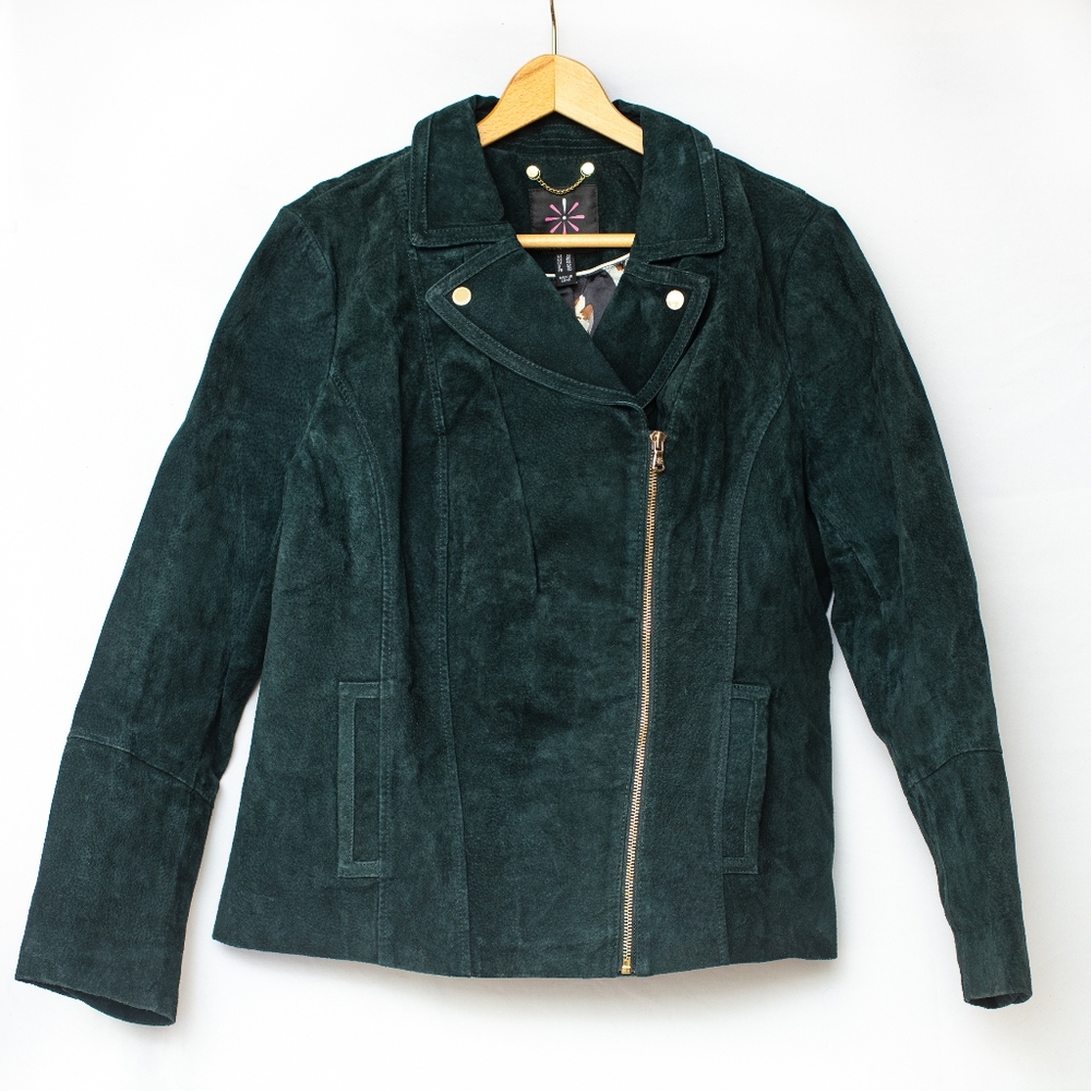 NWOT Issac Mizrahi suede leather moto jacket emerald green 16